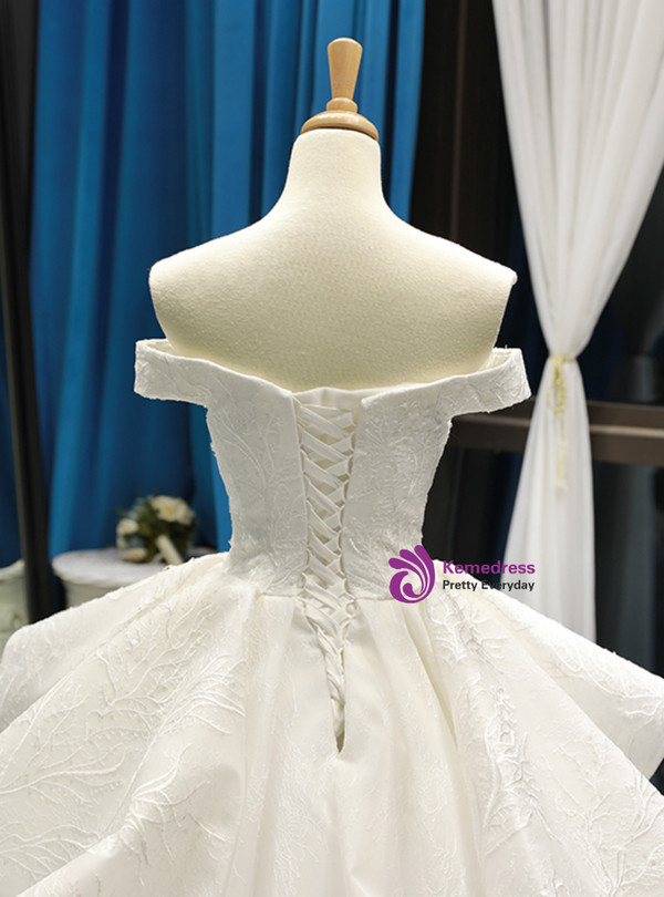 Shop 2019 Long & Short White Ball Gown Lace Off the Shoulder Wedding Dress With Train With Factory Price From Kemedress