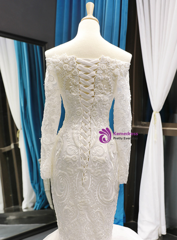 White Mermaid Off The Shoulder Tulle Long Sleeve Lace Appliques Wedding Dress