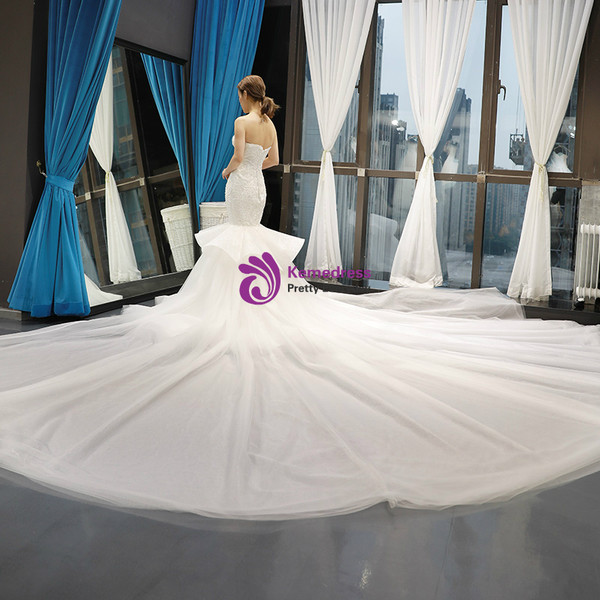 Shop 2019 Long & Short White Mermiad Tulle Lace Appliques Sweetheart Wedding Dress With Removable Train  With Factory Price From Kemedress