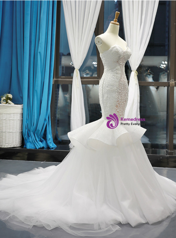 Shop 2019 Long & Short White Mermiad Tulle Lace Appliques Sweetheart Wedding Dress With Removable Train  With Factory Price From Kemedress