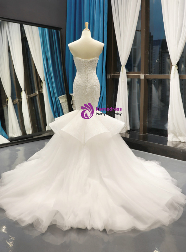 Shop 2019 Long & Short White Mermiad Tulle Lace Appliques Sweetheart Wedding Dress With Removable Train  With Factory Price From Kemedress