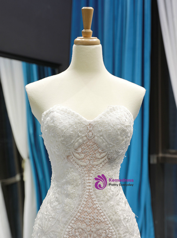 White Mermiad Tulle Lace Appliques Sweetheart Wedding Dress With Removable Train