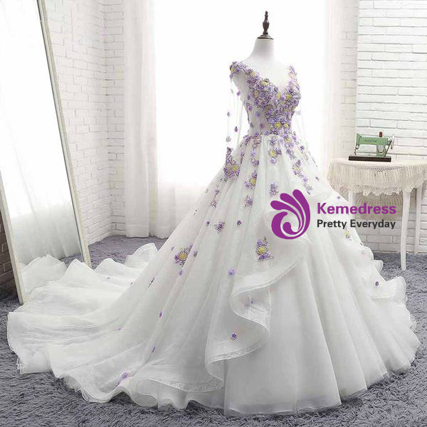 Shop 2019 Long & Short White Tulle Ruffles Long 3D Flower Lace Applique Long Sleeve Quinceanera Dress With Factory Price From Kemedress