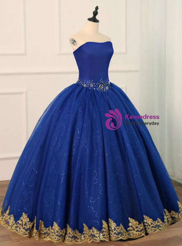 Shop 2019 Long & Short Royal Blue Tulle Strapless Appliques Formal Quinceanera Dresses  With Factory Price From Kemedress