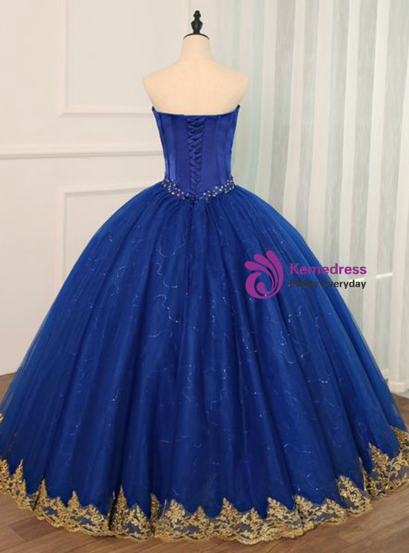Shop 2019 Long & Short Royal Blue Tulle Strapless Appliques Formal Quinceanera Dresses  With Factory Price From Kemedress