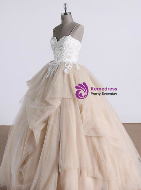 Shop 2019 Long & Short Champagne Tulle Ruffles Long Backless Lace Appliques Quinceanera Dresses With Factory Price From Kemedress