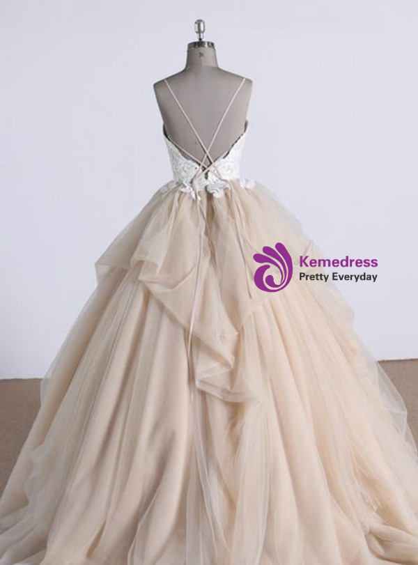 Shop 2019 Long & Short Champagne Tulle Ruffles Long Backless Lace Appliques Quinceanera Dresses With Factory Price From Kemedress