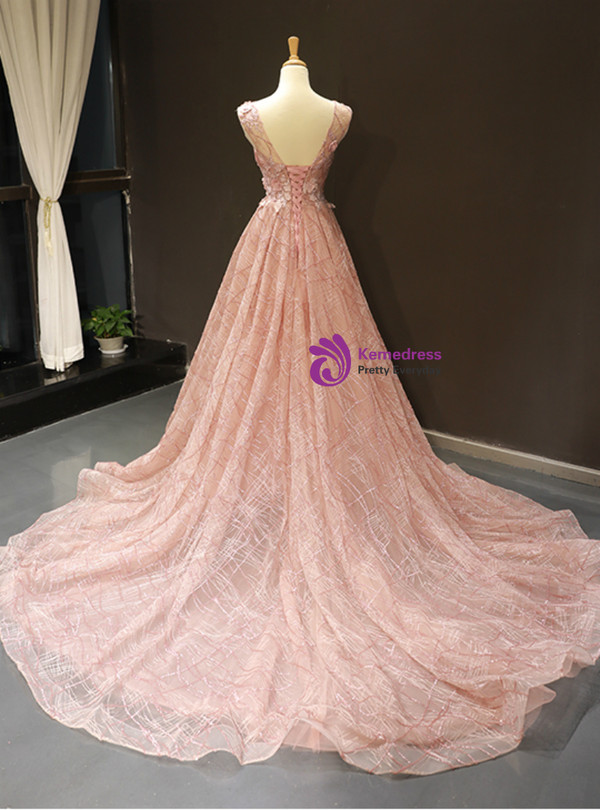 Shop 2019 Long & Short Pink Ball Gown V-neck Backless Lace Appliques Sequins Prom Dress With Factory Price From Kemedress