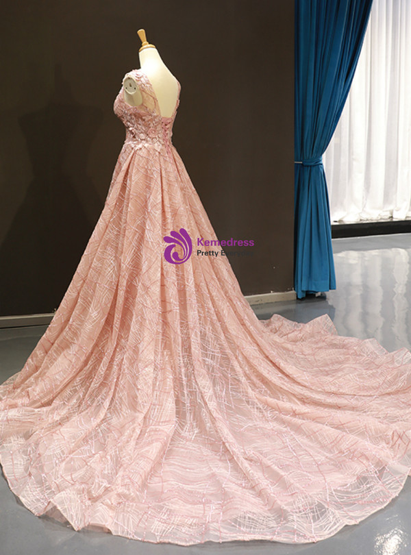 Shop 2019 Long & Short Pink Ball Gown V-neck Backless Lace Appliques Sequins Prom Dress With Factory Price From Kemedress