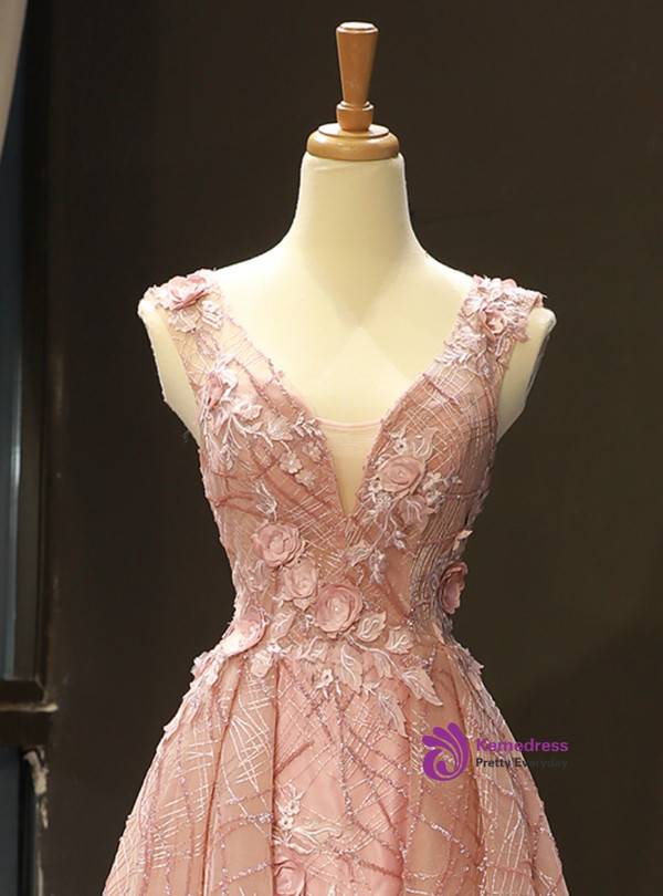 Pink Ball Gown V-neck Backless Lace Appliques Sequins Prom Dress
