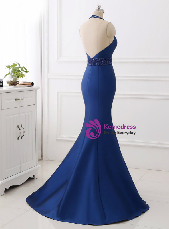 Shop 2019 Long & Short Blue Satin Mermaid Halter Cut Out Backless Long Prom Dress With Factory Price From Kemedress