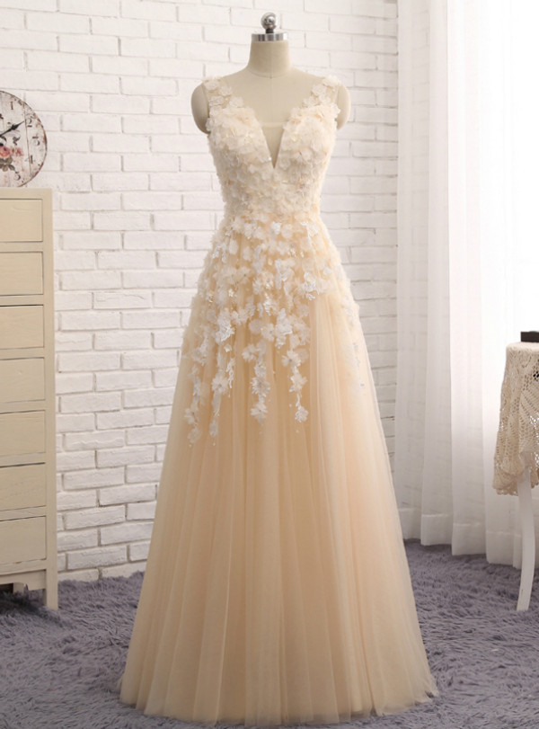 Shop 2019 Long & Short Champagne Tulle V-neck See Through Back Appliques Prom Dress With Factory Price From Kemedress