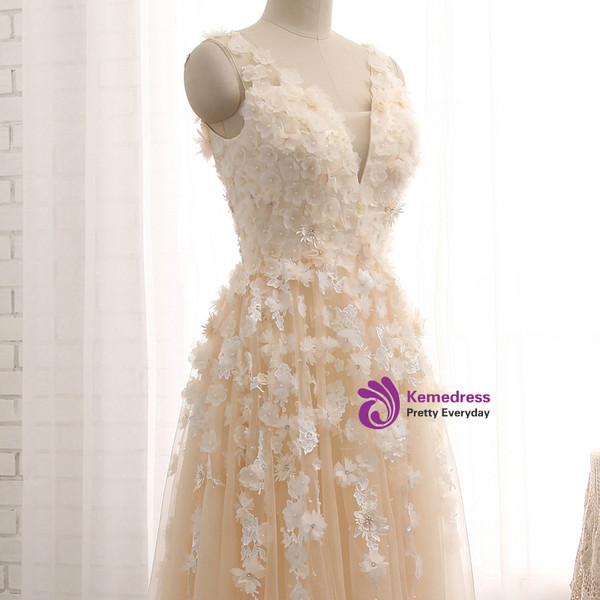 Shop 2019 Long & Short Champagne Tulle V-neck See Through Back Appliques Prom Dress With Factory Price From Kemedress