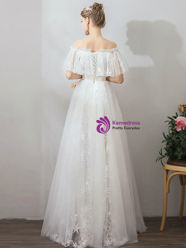 Shop 2019 Long & Short In Stock:Ship in 48 Hours White Tulle Off The Shoulder Beach Wedding Dress With Factory Price From Kemedress