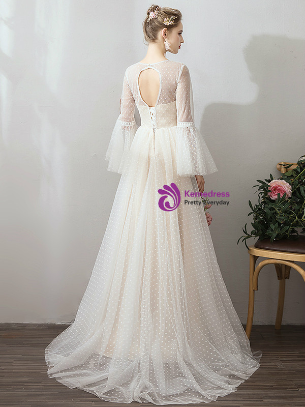 Shop 2019 Long & Short In Stock:Ship in 48 Hours Champagne Tulle Long Sleeve Simple Wedding Dress With Factory Price From Kemedress