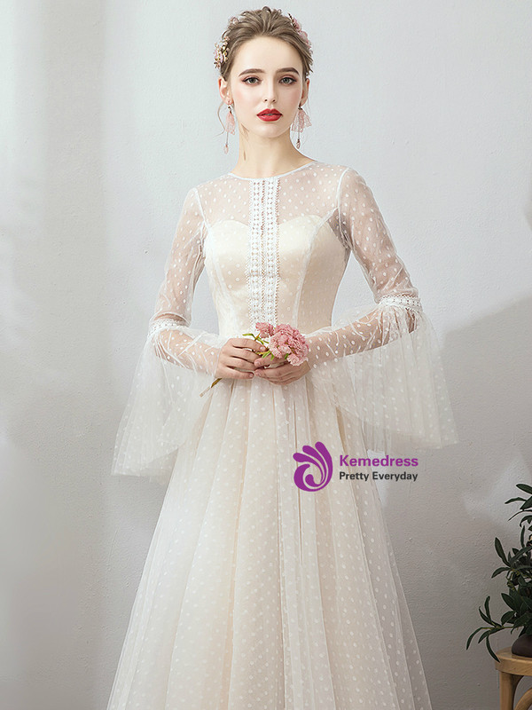 Shop 2019 Long & Short In Stock:Ship in 48 Hours Champagne Tulle Long Sleeve Simple Wedding Dress With Factory Price From Kemedress
