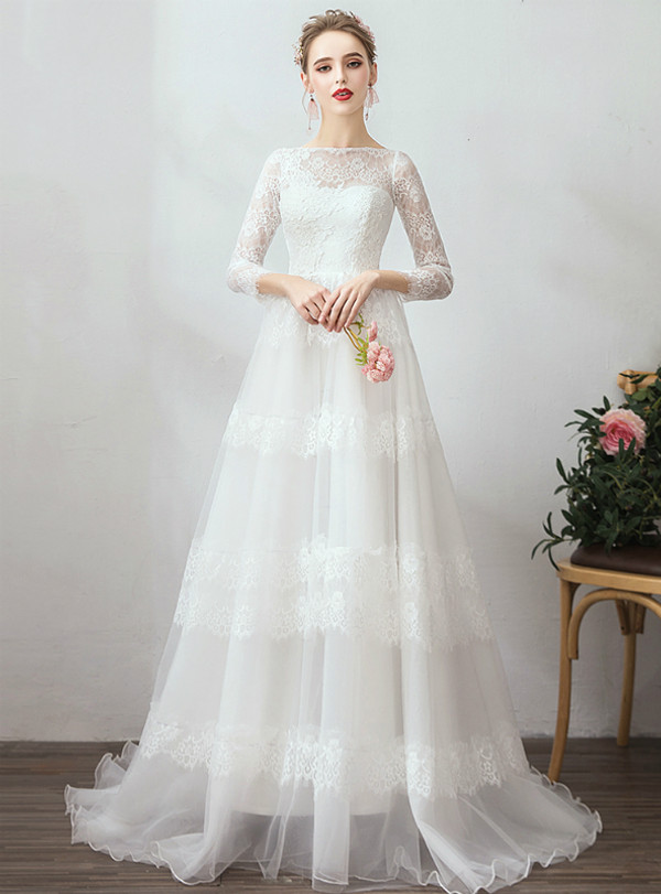 Shop 2019 Long & Short In Stock:Ship in 48 Hours White Tulle Lace Long Sleeve Wedding Dress With Factory Price From Kemedress