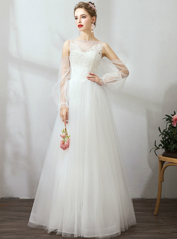 Shop 2019 Long & Short In Stock:Ship in 48 Hours White Cold Shoulder Long Seeve Wedding Dress With Factory Price From Kemedress