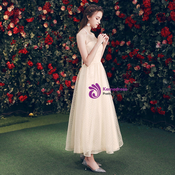 Shop 2019 Long & Short In Stock:Ship in 48 Hours Champagne Tulle Halter Bridesmaid Dress With Factory Price From Kemedress