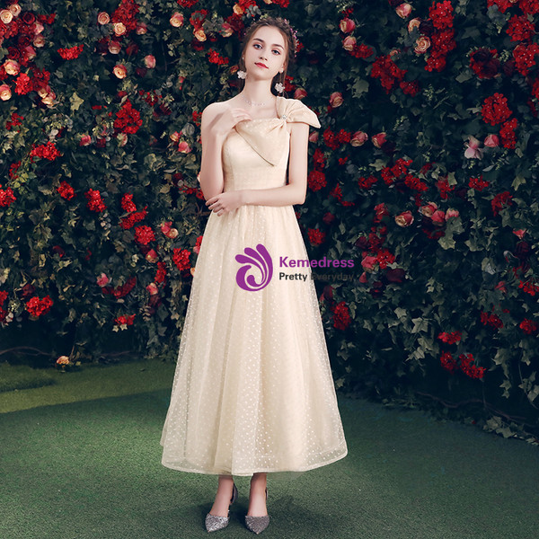 Shop 2019 Long & Short In Stock:Ship in 48 Hours Champagne Tulle One Shoulder Bridesmaid Dress With Factory Price From Kemedress