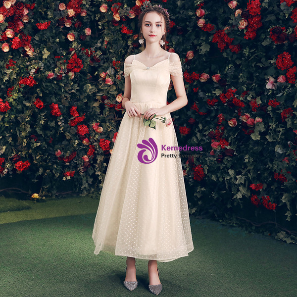 Shop 2019 Long & Short In Stock:Ship in 48 Hours Champagne Tulle Spaghetti Straps Bridesmaid Dress With Factory Price From Kemedress