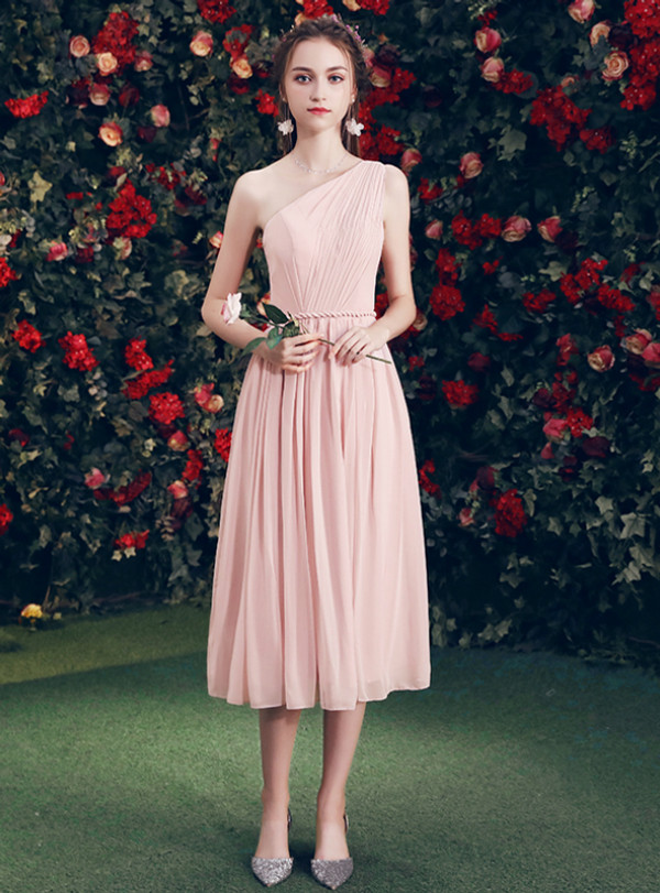 Shop 2019 Long & Short In Stock:Ship in 48 Hours Pink Chiffon One Shoulder Pleats Bridesmaid Dress With Factory Price From Kemedress