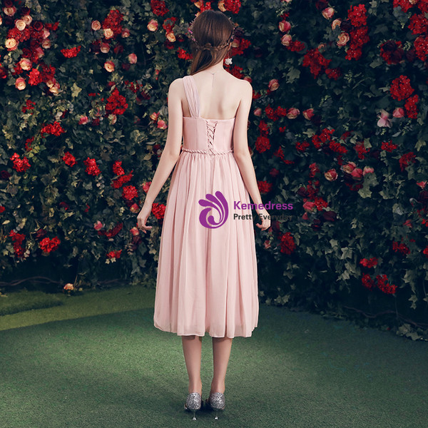 Shop 2019 Long & Short In Stock:Ship in 48 Hours Pink Chiffon One Shoulder Pleats Bridesmaid Dress With Factory Price From Kemedress