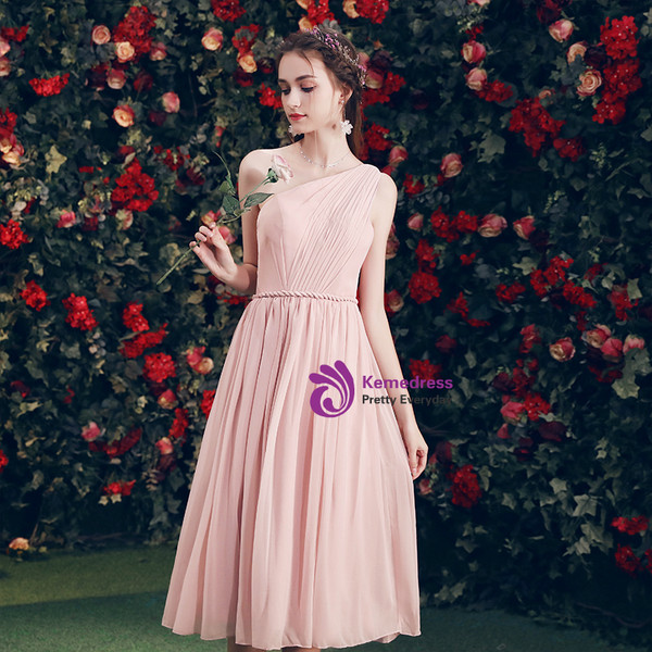 Shop 2019 Long & Short In Stock:Ship in 48 Hours Pink Chiffon One Shoulder Pleats Bridesmaid Dress With Factory Price From Kemedress