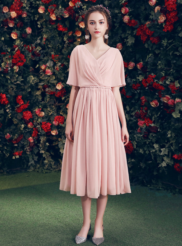 Shop 2019 Long & Short In Stock:Ship in 48 Hours Pink Chiffon V-neck Backless Bridesmaid Dress With Factory Price From Kemedress