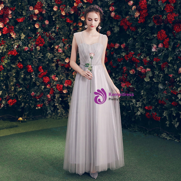 Shop 2019 Long & Short  In Stock:Ship in 48 Hours Gray Tulle Sweetheart Neck Long Bridesmaid Dress With Factory Price From Kemedress