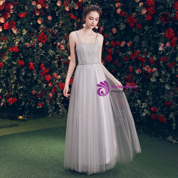 Shop 2019 Long & Short In Stock:Ship in 48 Hours Gray Tulle Straps Backless Bridesmaid Dress With Factory Price From Kemedress