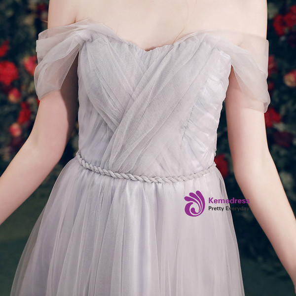 Shop 2019 Long & Short In Stock:Ship in 48 Hours Gray Tulle Off The Shoulder Bridesmaid Dress With Factory Price From Kemedress