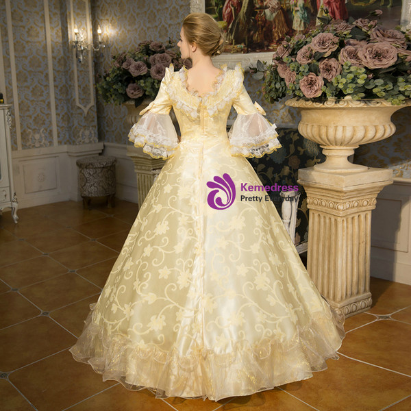 Shop 2019 Long & Short Yellow Ball Gown Puff Sleeve With Bow Drama Show Vintage Gown Dress With Factory Price From Kemedress
