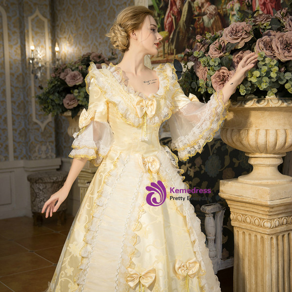 Shop 2019 Long & Short Yellow Ball Gown Puff Sleeve With Bow Drama Show Vintage Gown Dress With Factory Price From Kemedress