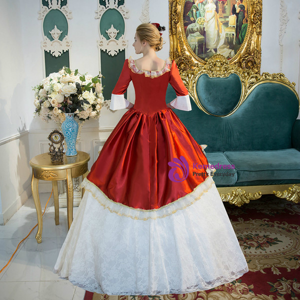 Shop 2019 Long & Short Red Satin And White Lace Short Sleeve Drama Show Vintage Gown Dress With Factory Price From Kemedress