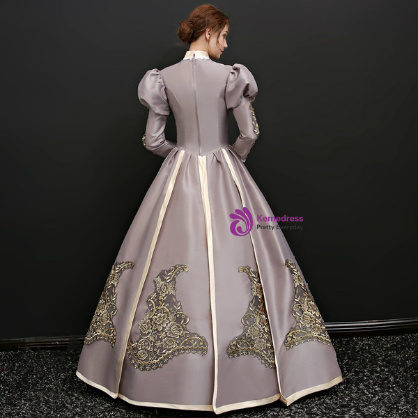 Shop 2019 Long & Short Purple Satin Appliques Long Sleeve High Neck Drama Show Vintage Gown Dress With Factory Price From Kemedress
