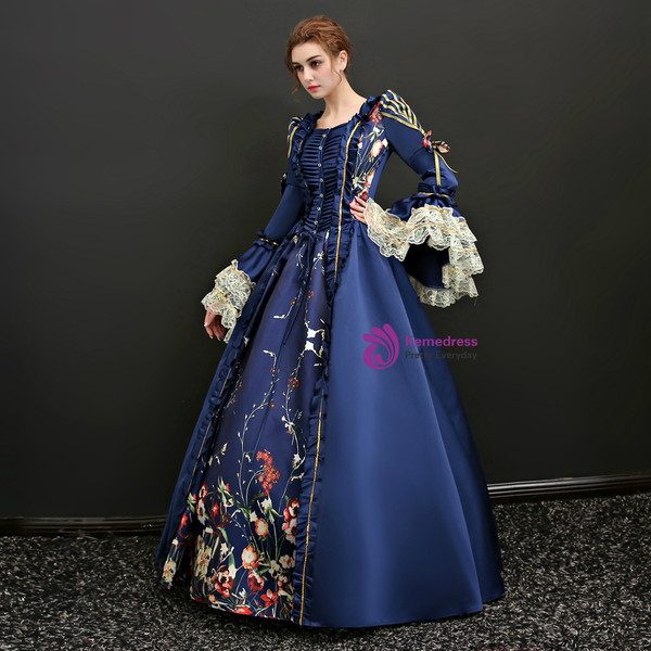 Shop 2019 Long & Short Navy Blue Satin Lace Long Sleeve Print Drama Show Vintage Gown Dress With Factory Price From Kemedress
