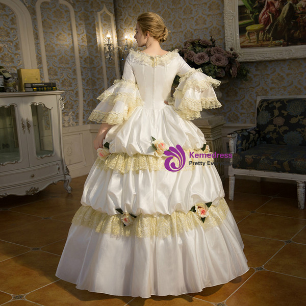 Shop 2019 Long & Short White Ball Gown Satin Lace Puff Sleeve Drama Show Vintage Gown Dress With Factory Price From Kemedress