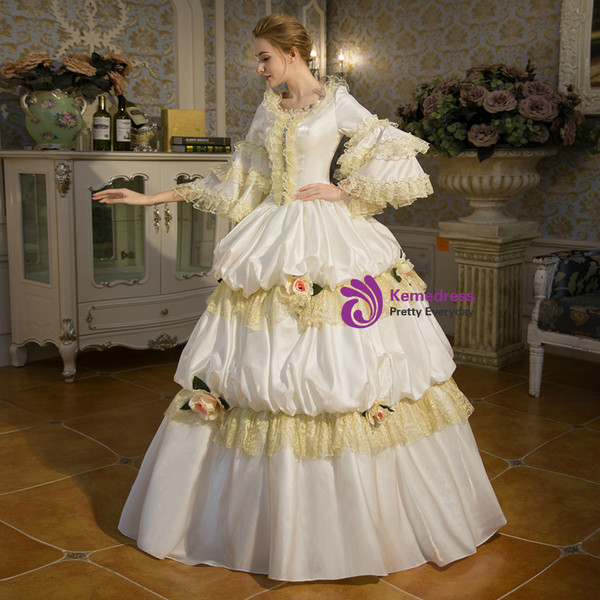 Shop 2019 Long & Short White Ball Gown Satin Lace Puff Sleeve Drama Show Vintage Gown Dress With Factory Price From Kemedress