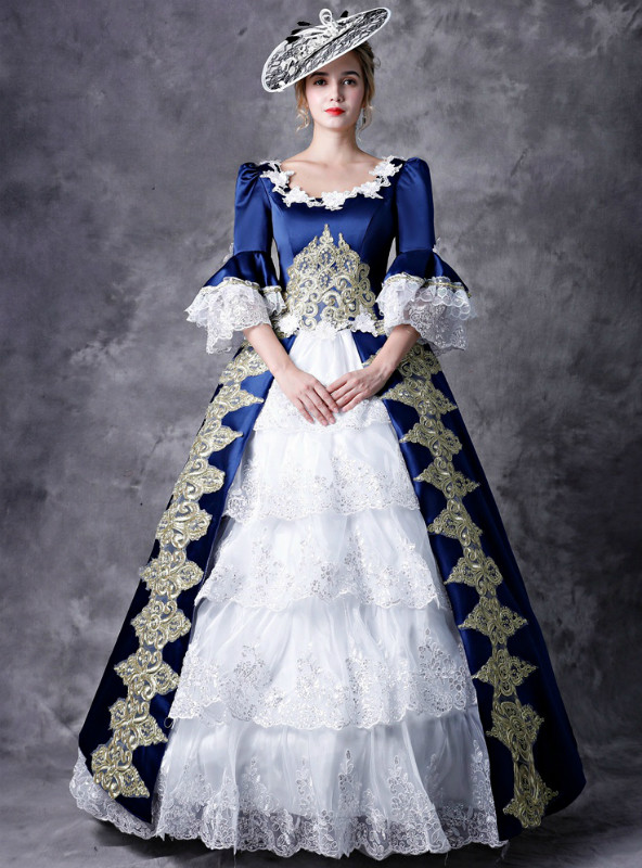 Shop 2019 Long & Short Blue Satin And White Lace Puff Sleeve Appliques Drama Show Vintage Gown Dress With Factory Price From Kemedress