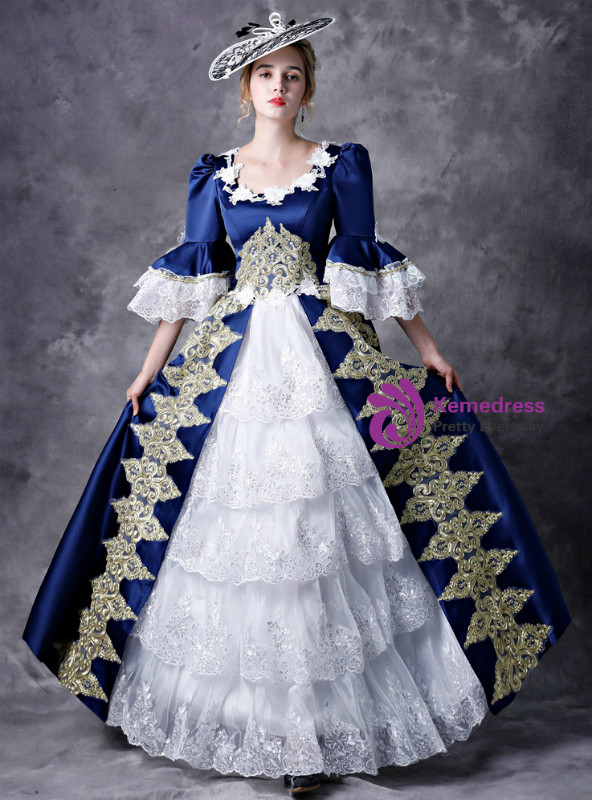 Shop 2019 Long & Short Blue Satin And White Lace Puff Sleeve Appliques Drama Show Vintage Gown Dress With Factory Price From Kemedress