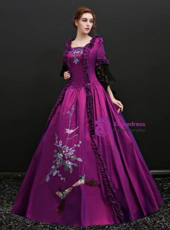 Shop 2019 Long & Short Purple Satin Square Puff Sleeve Embroidery Appliques Vintage Gown Dress With Factory Price From Kemedress