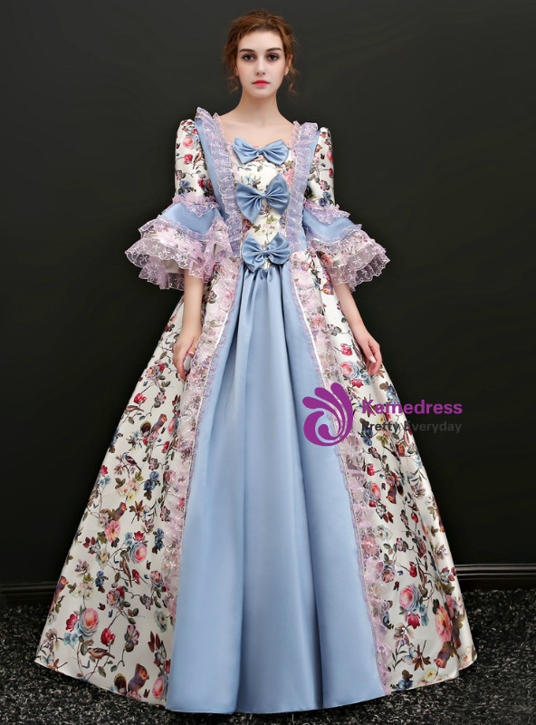 Shop 2019 Long & Short Blue Satin Print Puff Sleeve Square Vintage Gown Dress With Bow With Factory Price From Kemedress