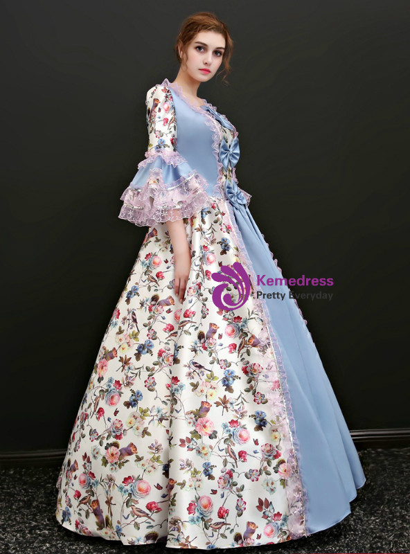 Shop 2019 Long & Short Blue Satin Print Puff Sleeve Square Vintage Gown Dress With Bow With Factory Price From Kemedress