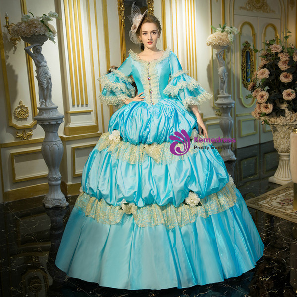 Shop 2019 Long & Short Blue Ball Gown Satin Lace Puff Sleeve Drama Show Vintage Gown Dress With Factory Price From Kemedress