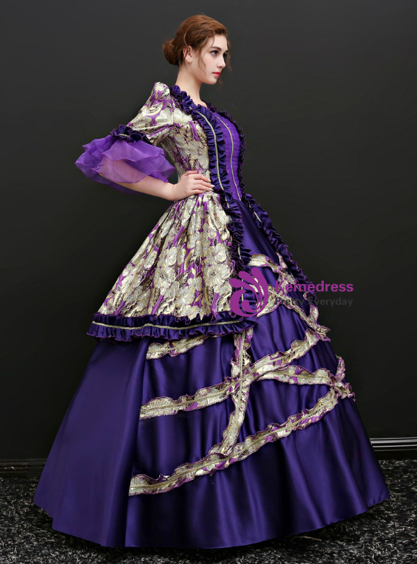 Shop 2019 Long & Short Purple Ball Gown Satin Puff Sleeve Print Drama Show Vintage Gown Dress With Factory Price From Kemedress