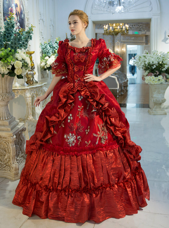 Shop 2019 Long & Short Red Ball Gown Satin Puff Sleeve With Bow Vintage Gown Dress With Factory Price From Kemedress