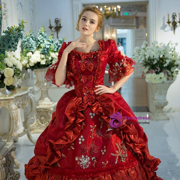 Shop 2019 Long & Short Red Ball Gown Satin Puff Sleeve With Bow Vintage Gown Dress With Factory Price From Kemedress