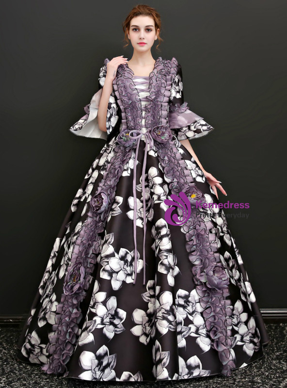 Shop 2019 Long & Short Black Ball Gown Satin Square Puff Sleeve With Flower Drama Show Vintage Gown Dress With Factory Price From Kemedress