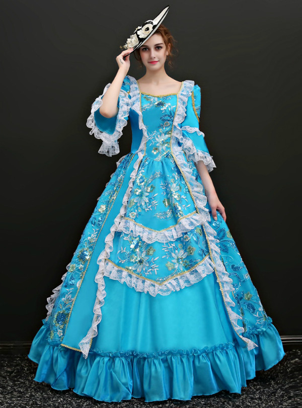 Shop 2019 Long & Short Blue Ball Gown Satin Square Puff Sleeve Appliques Drama Show Vintage Gown Dress With Factory Price From Kemedress